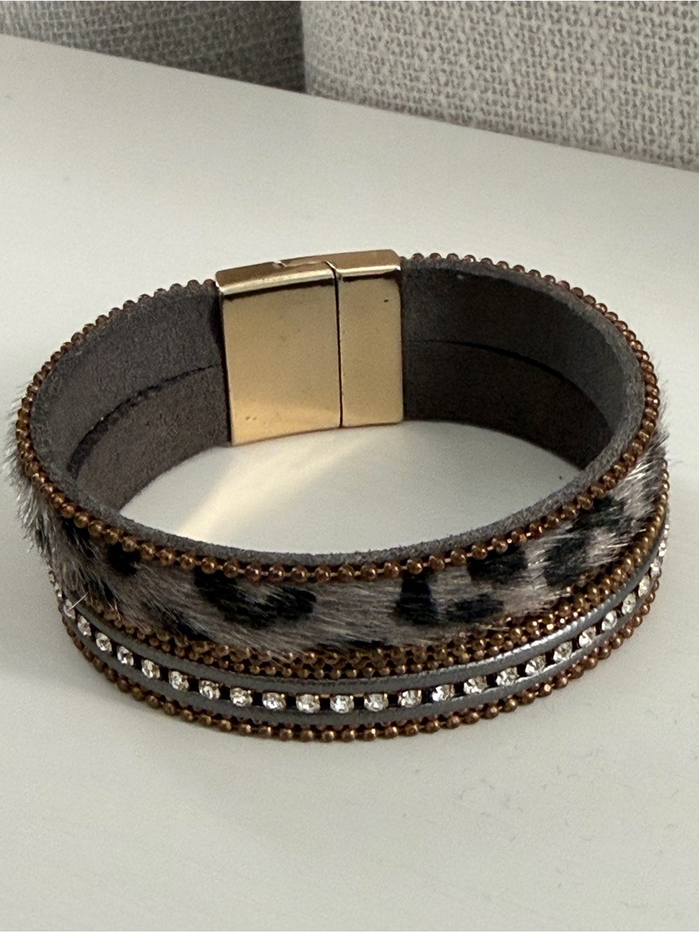 Leopard Print Bracelet with Gold Magnetic Clasp and Crystal Trim